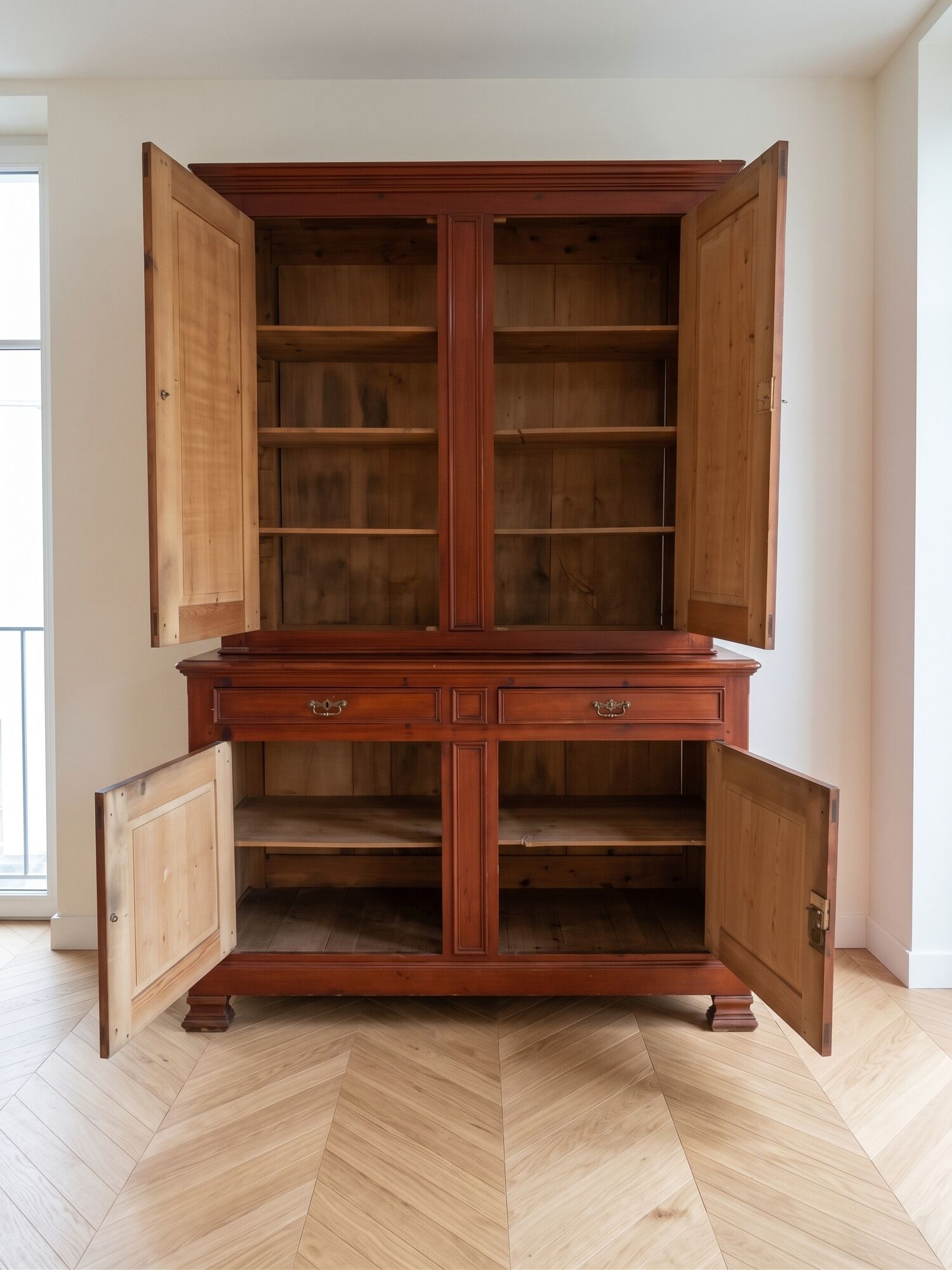 Antique solid wood sideboard with doors and drawers.