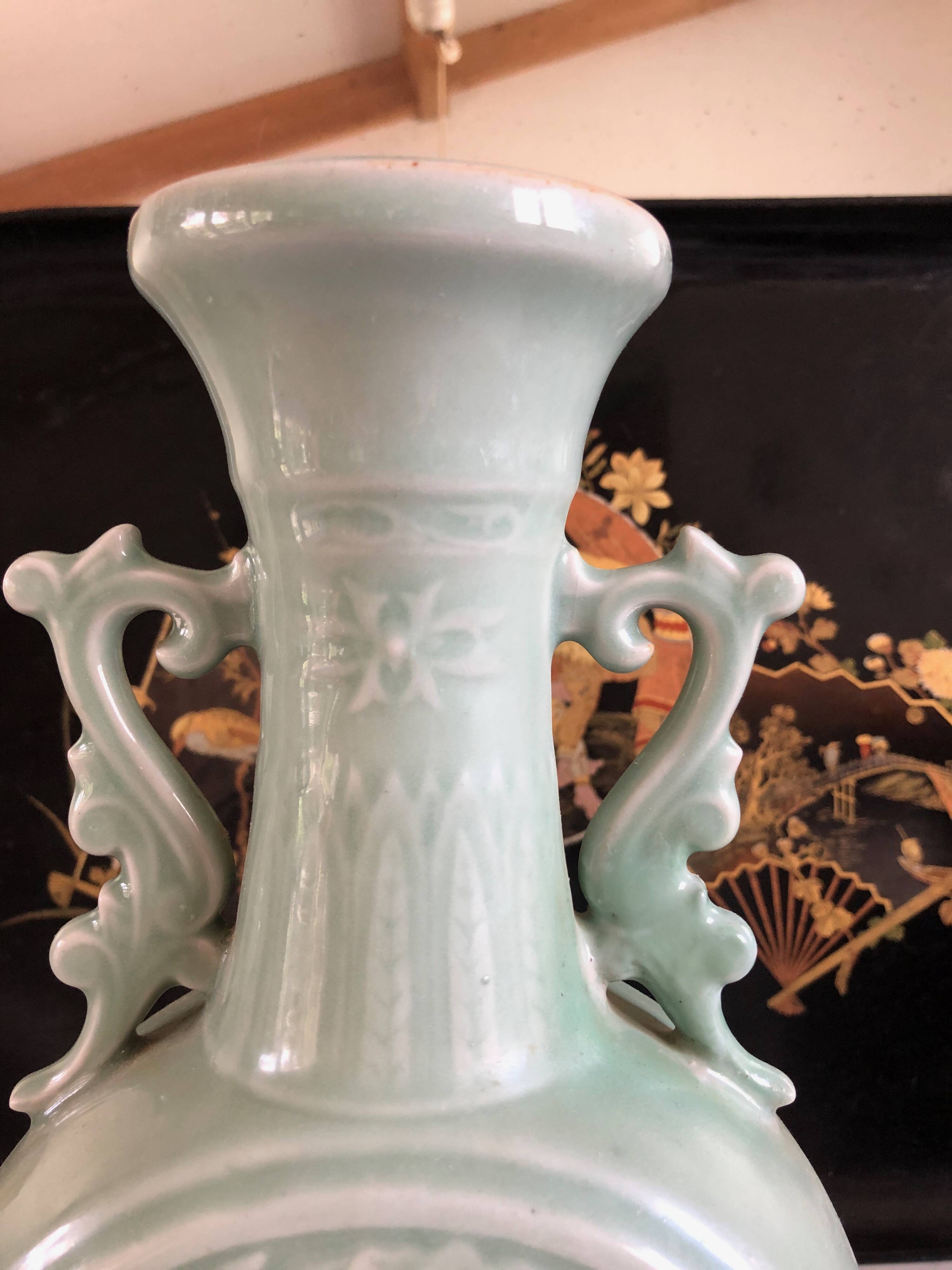 Bianhu Gourd Vase with handles Celadon porcelain/Relief decorations/China Qing dynasty late 19th century