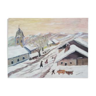 Oil snowy landscape franc-comtois