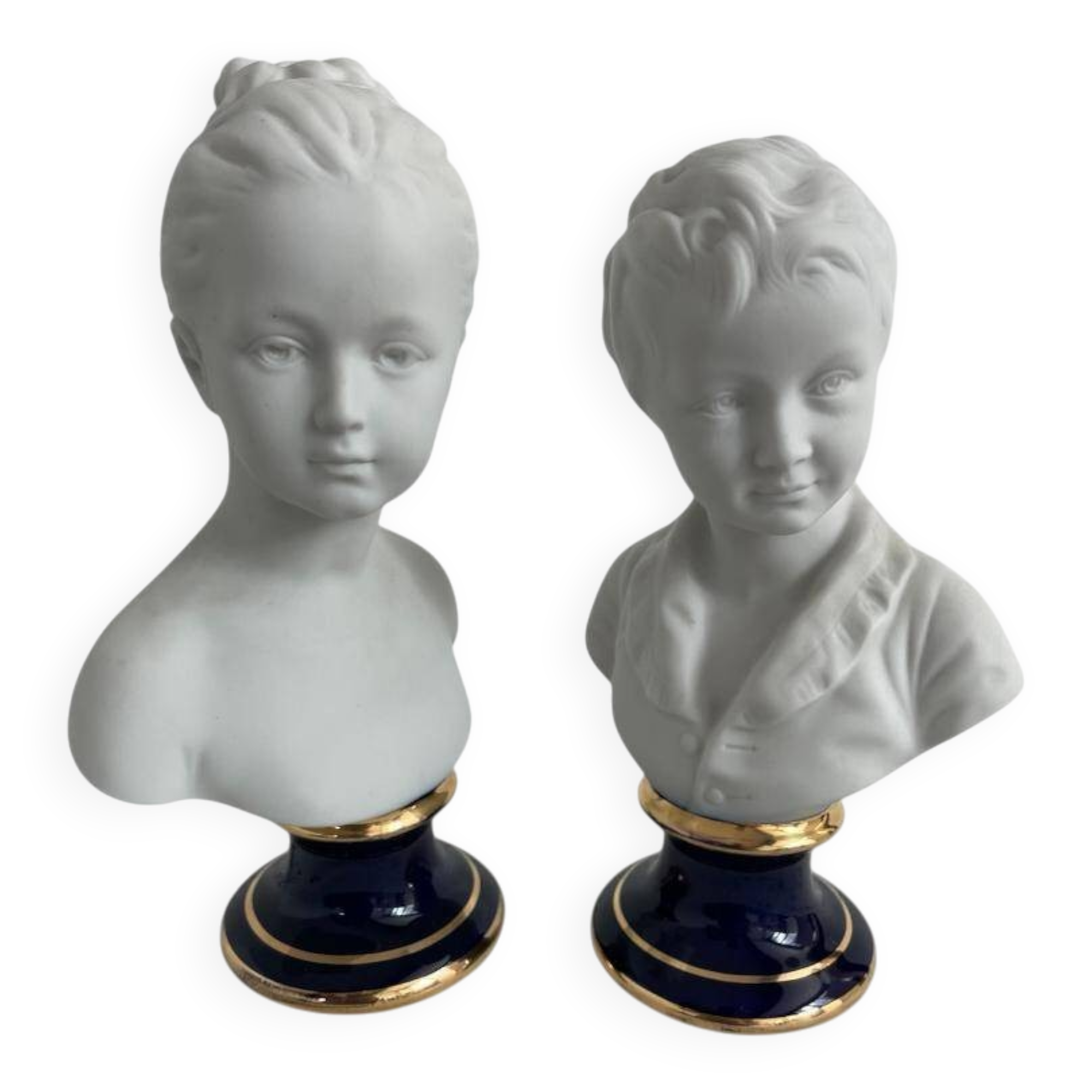 Pair of biscuit busts, Tharaud, Houdon, Louise and Alexandre Brongniart