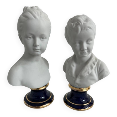 Paire de bustes en biscuit, Tharaud, Houdon, Louise et Alexandre Brongniart