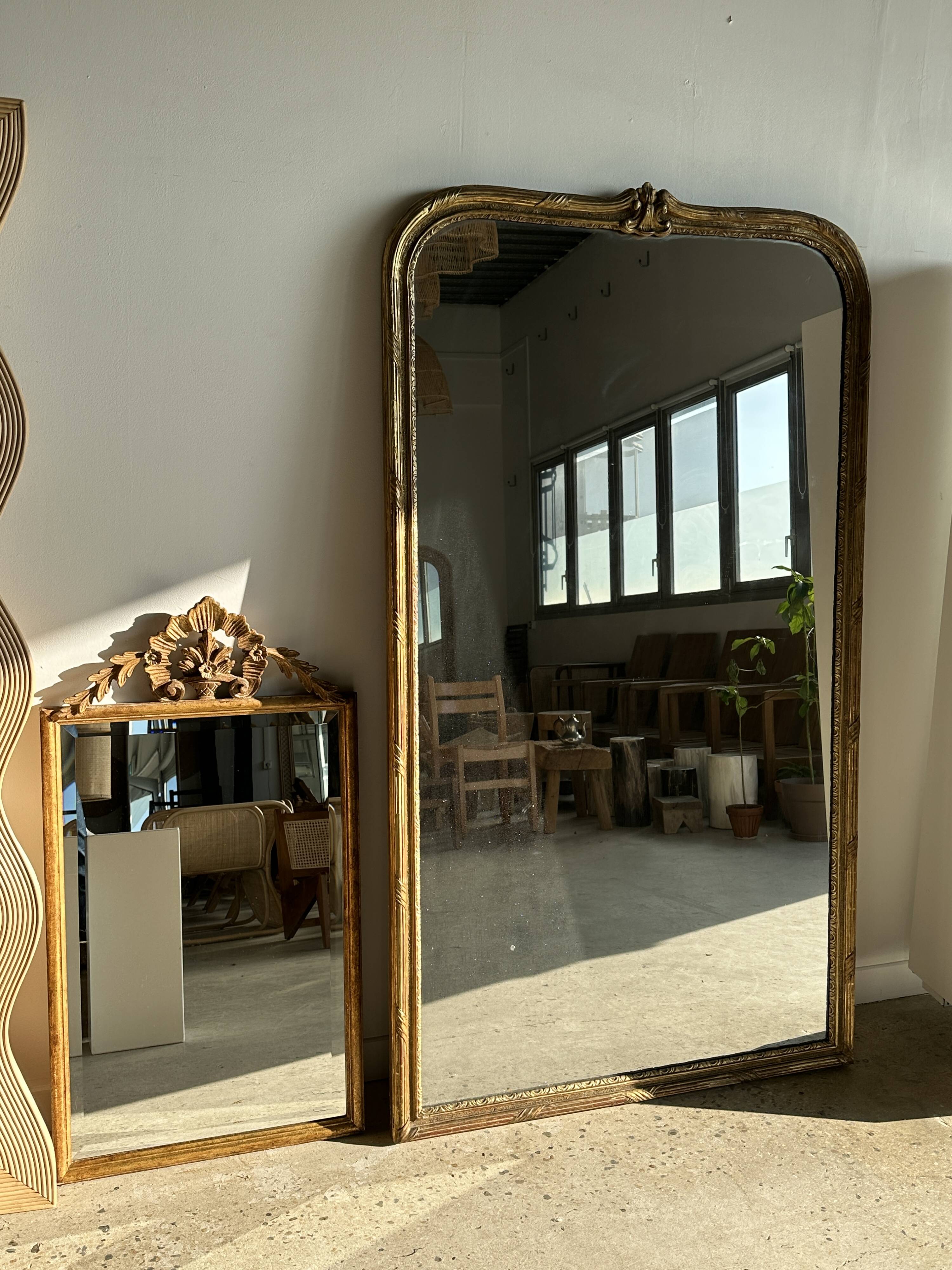 Large gilded mirror 19th century rounded corners mercury glass Louis XVI style