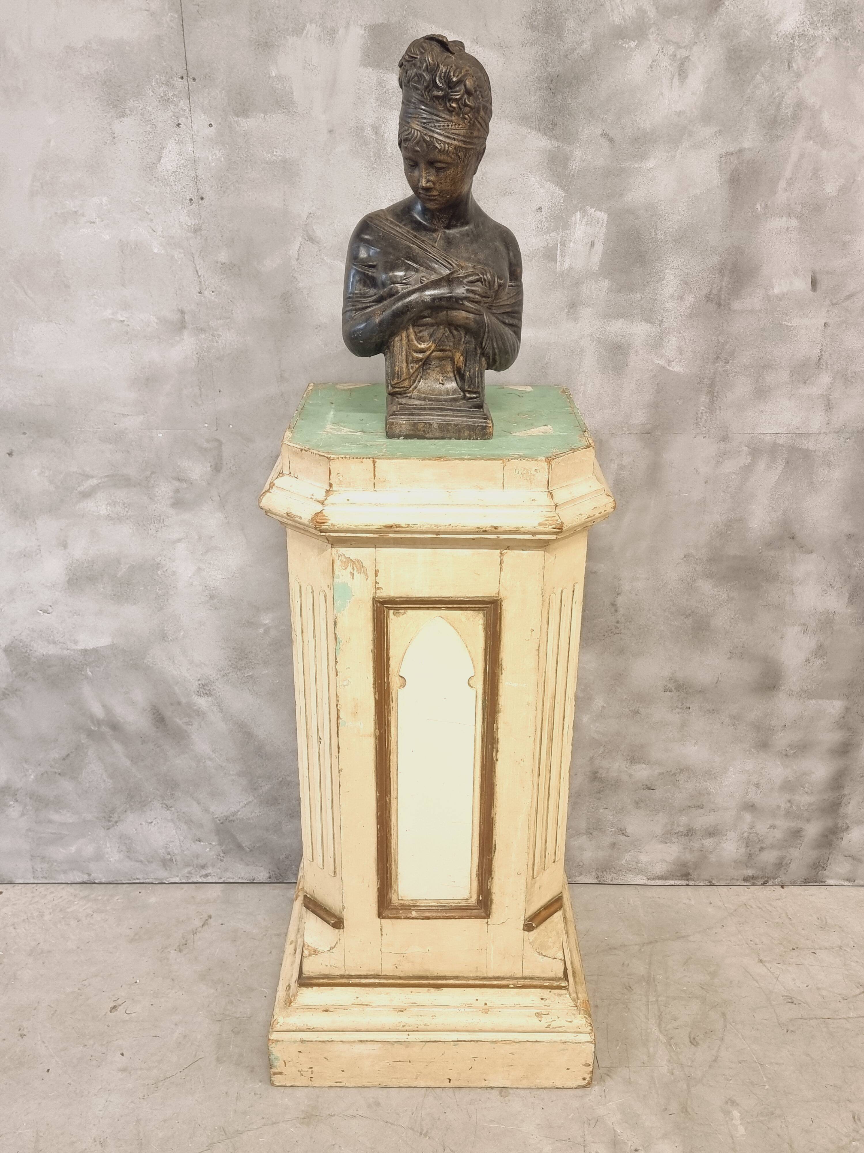 Antique church column on wooden base 135 cm high