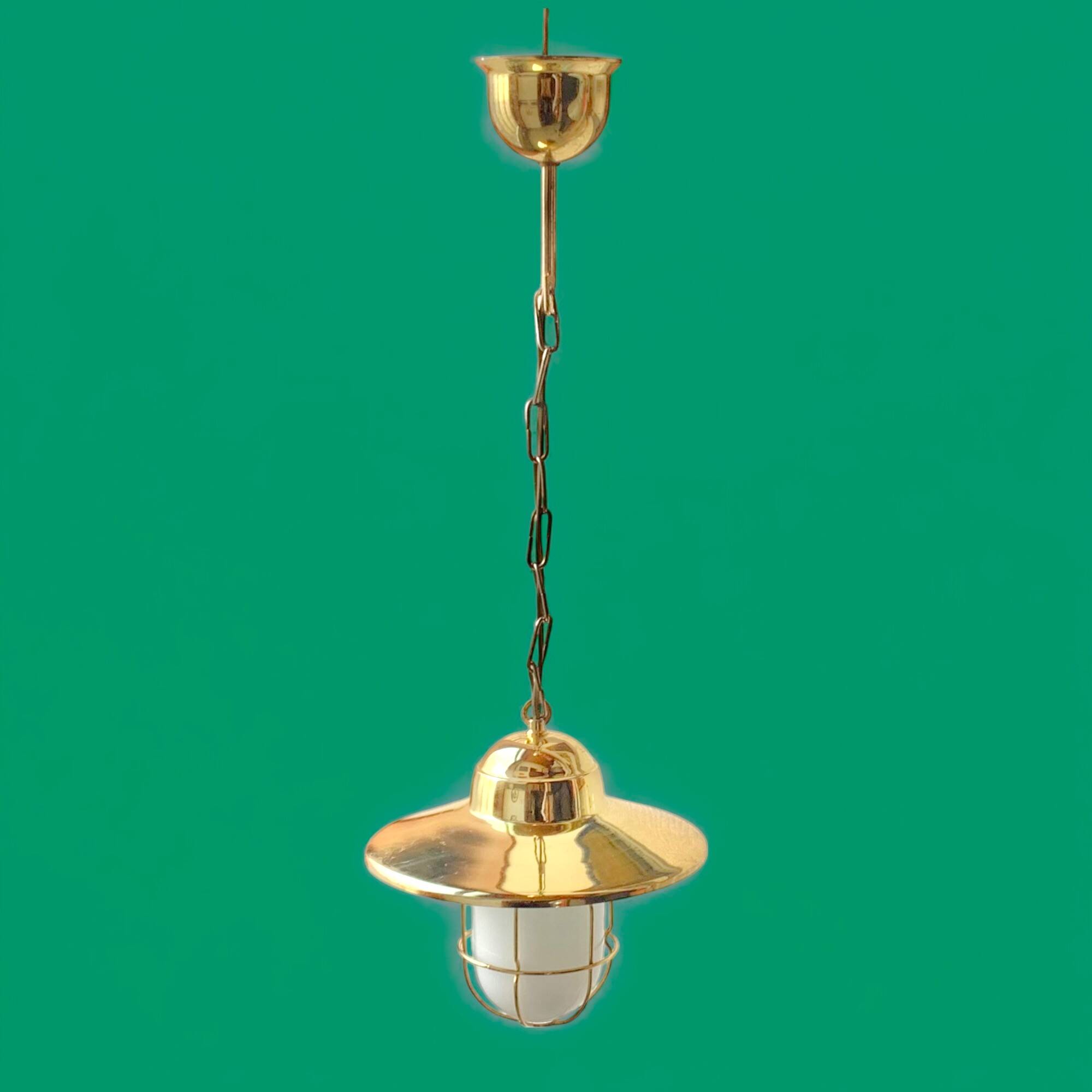 Vintage pendant light in gold metal and white opaline