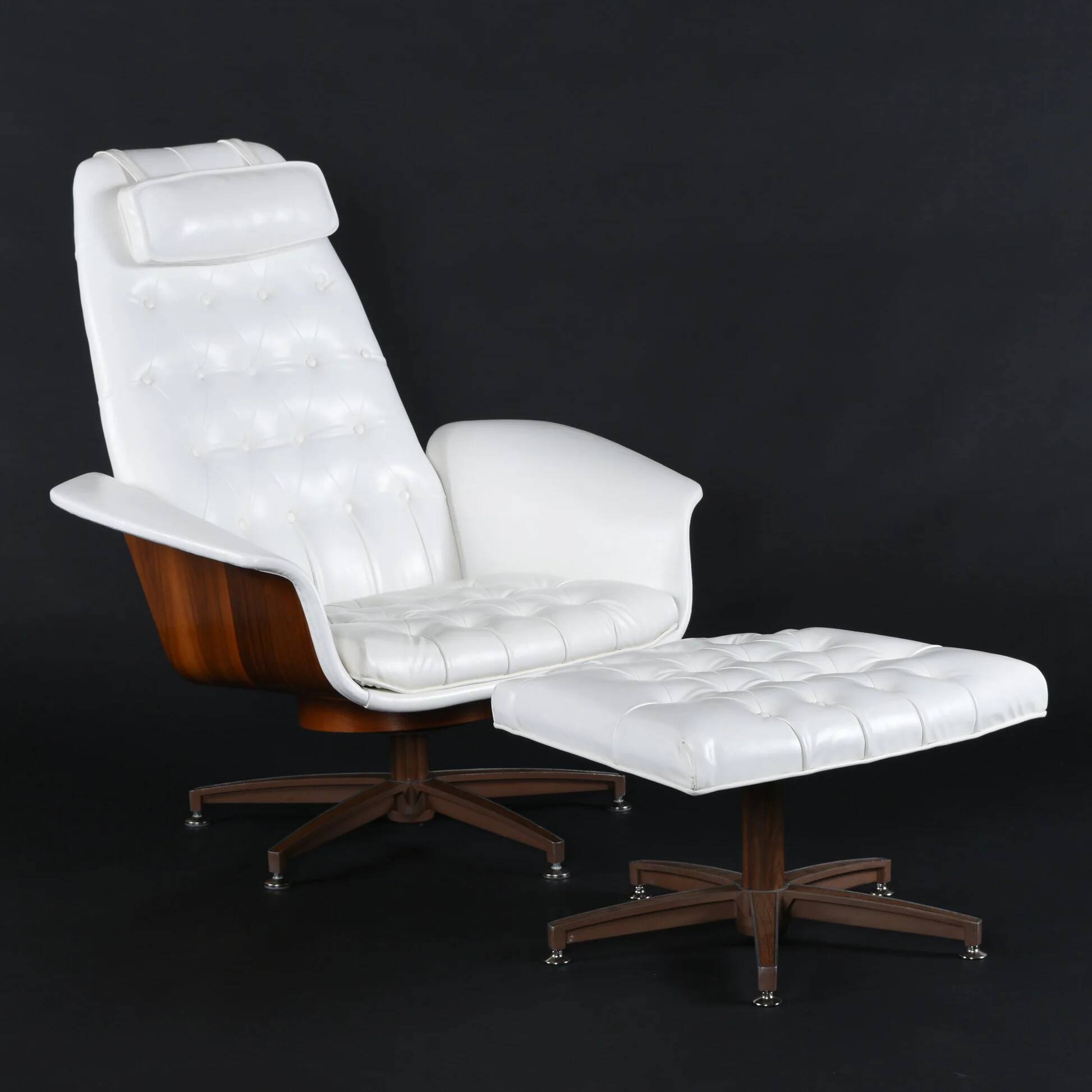 Restored George Mulhauser style white tufted tilt and swivel chair with ottoman