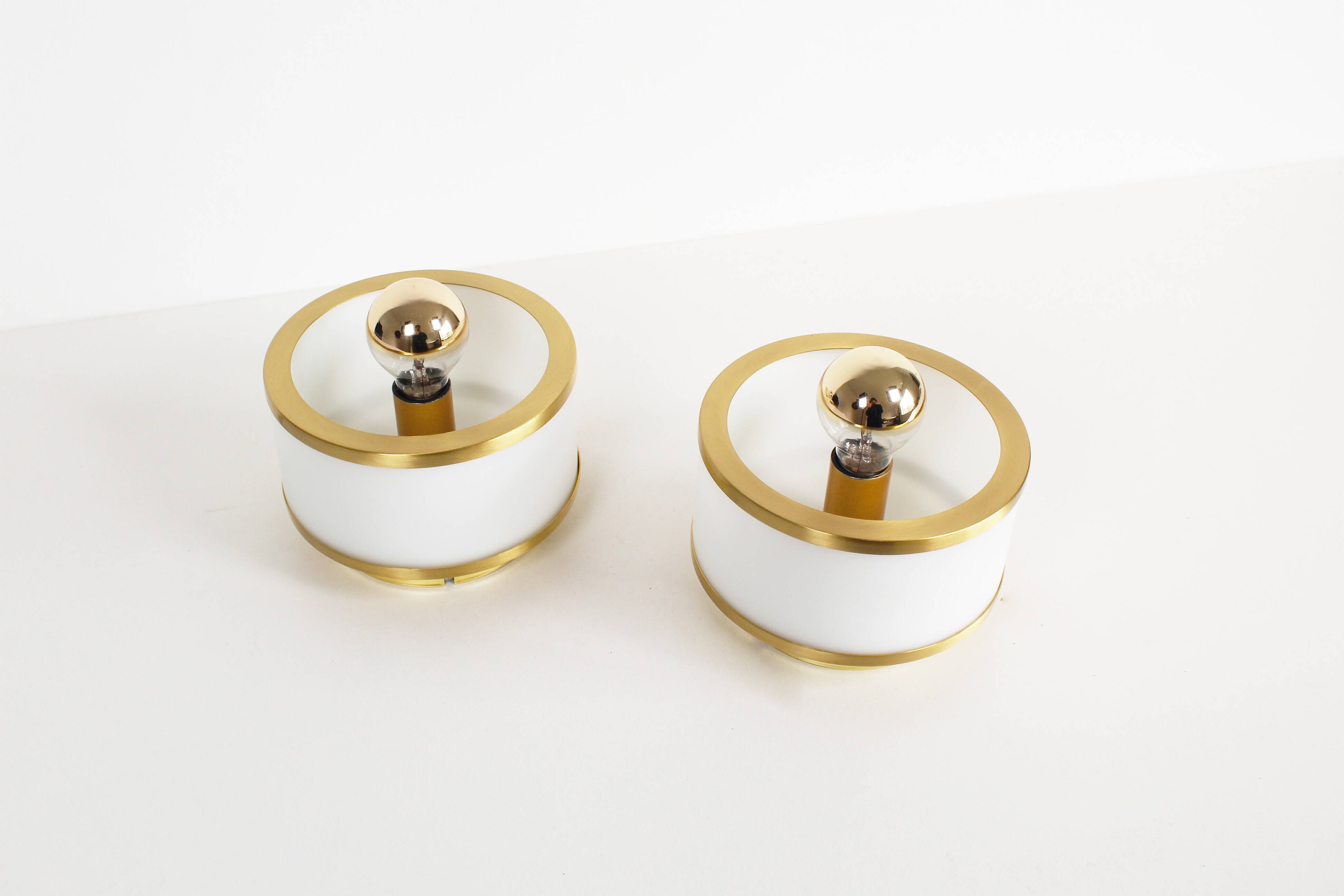 Pair of vintage 1980's opaline glass and brushed brass wall lights