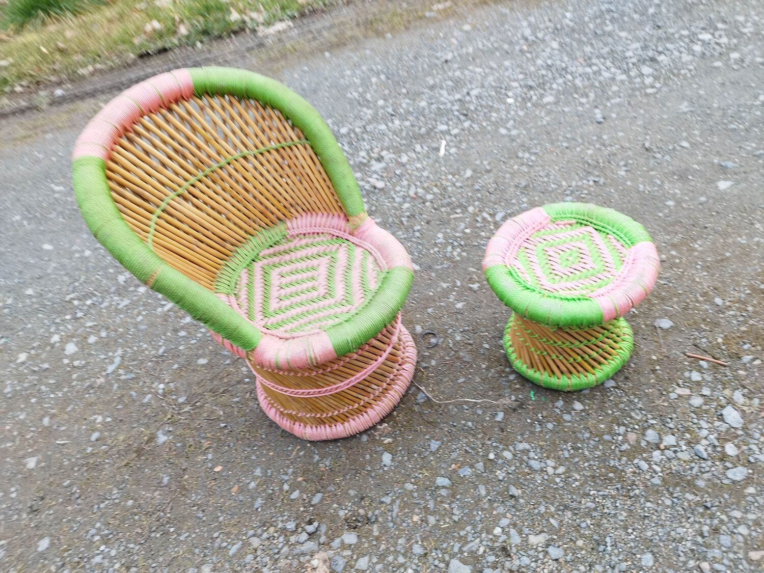 Armchair and stool set in bamboo and braided string