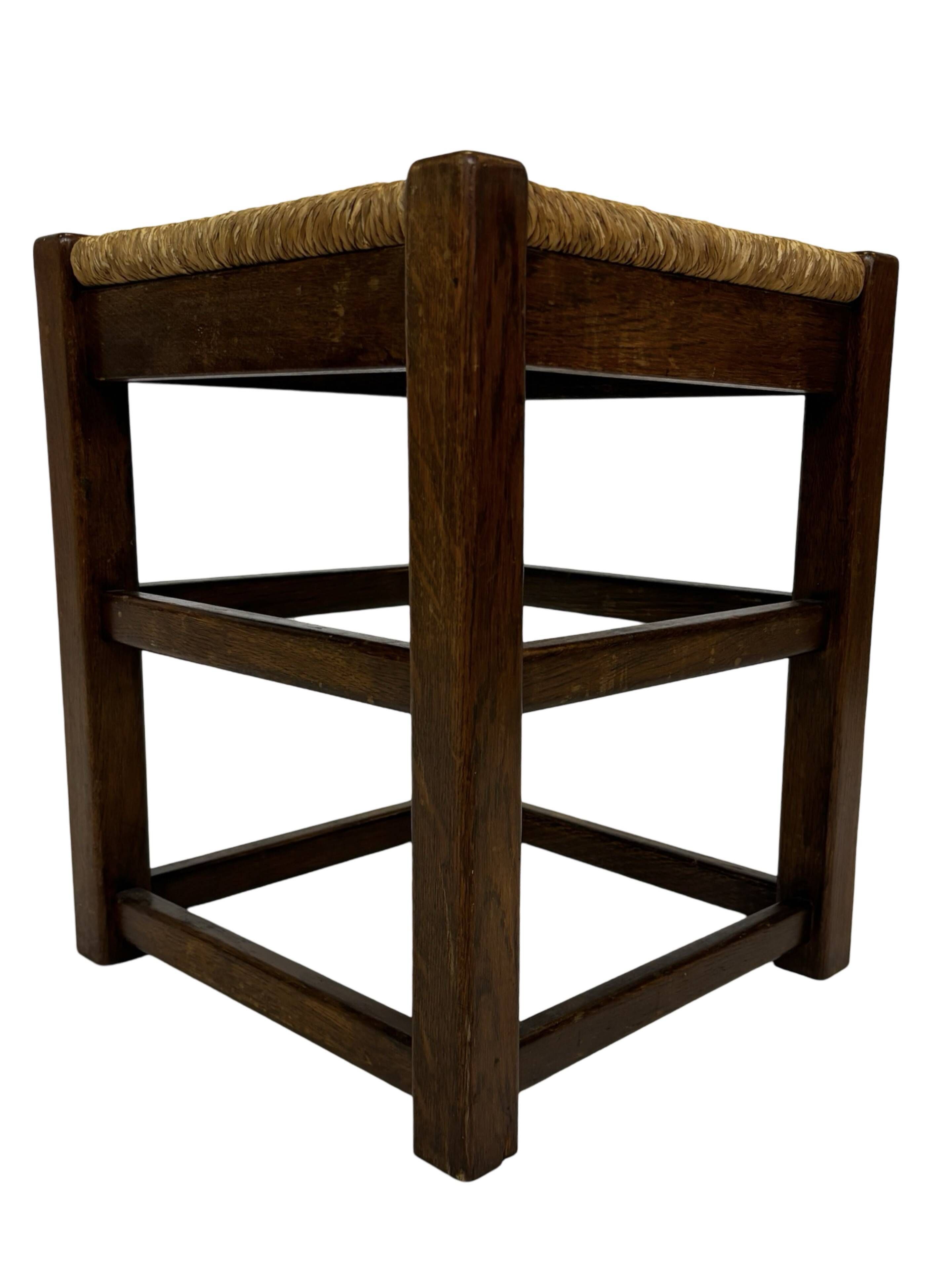 Vintage wooden stool straw seat 60s minimalist design