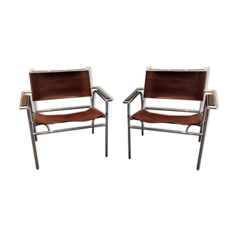 Pair of armchairs chromed metal and leather, 60 years