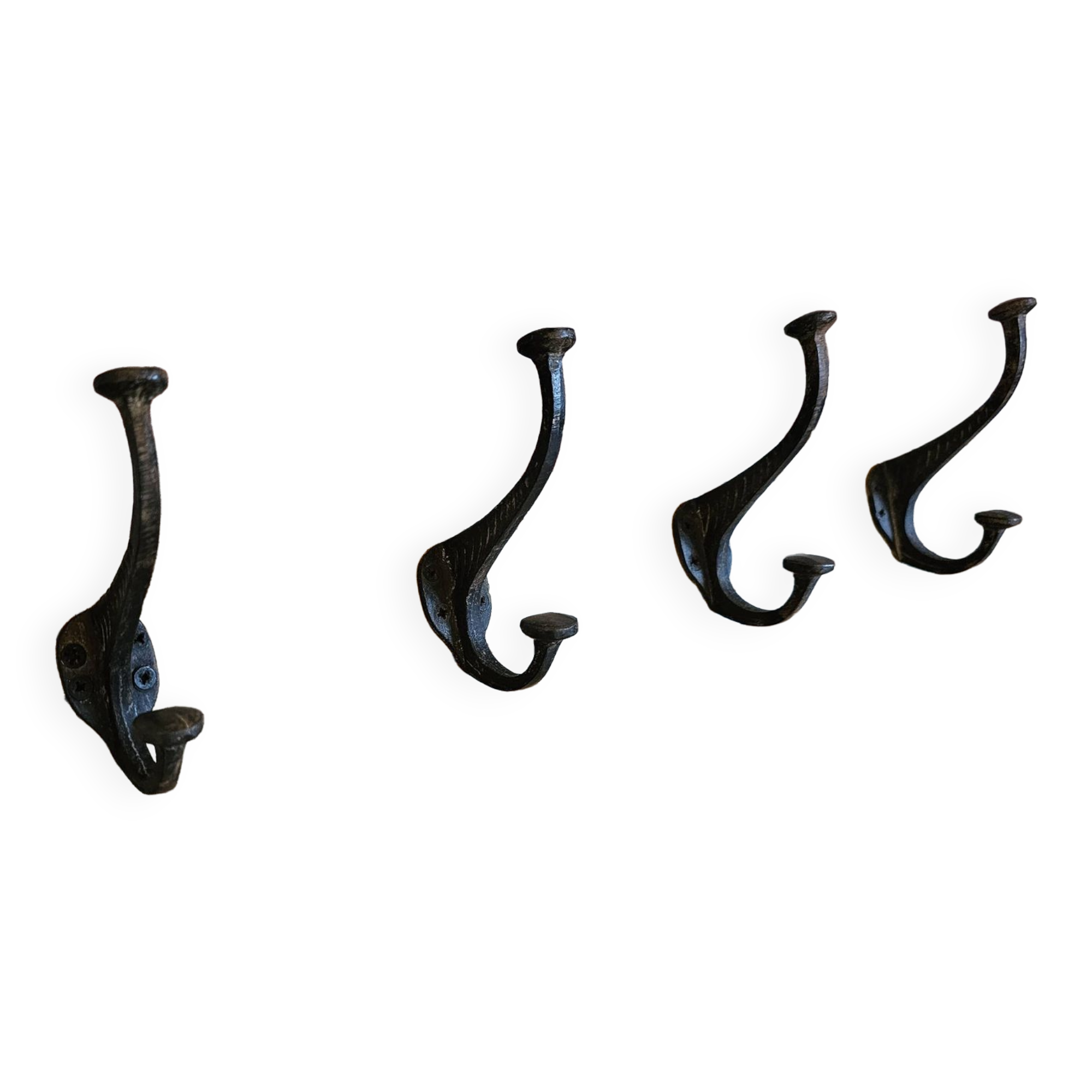 Solid teak coat hook with 4 double cast iron hooks