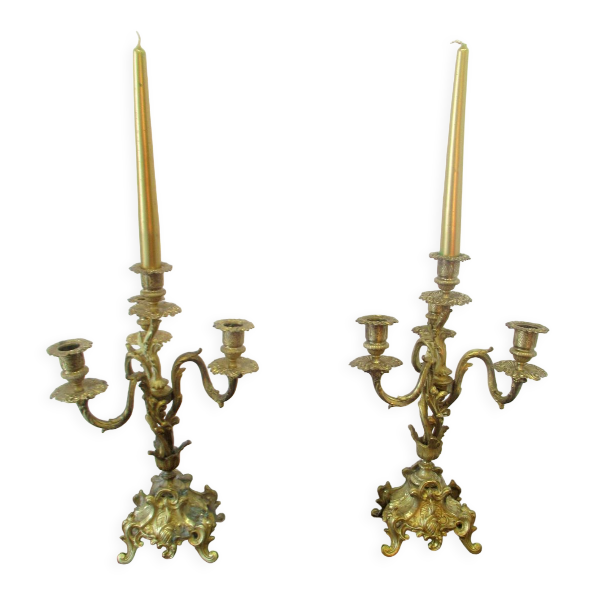 Pair of bronze candelabras and brass bobèches