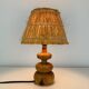 Turned wood lamp with straw shade, 1960s, vintage