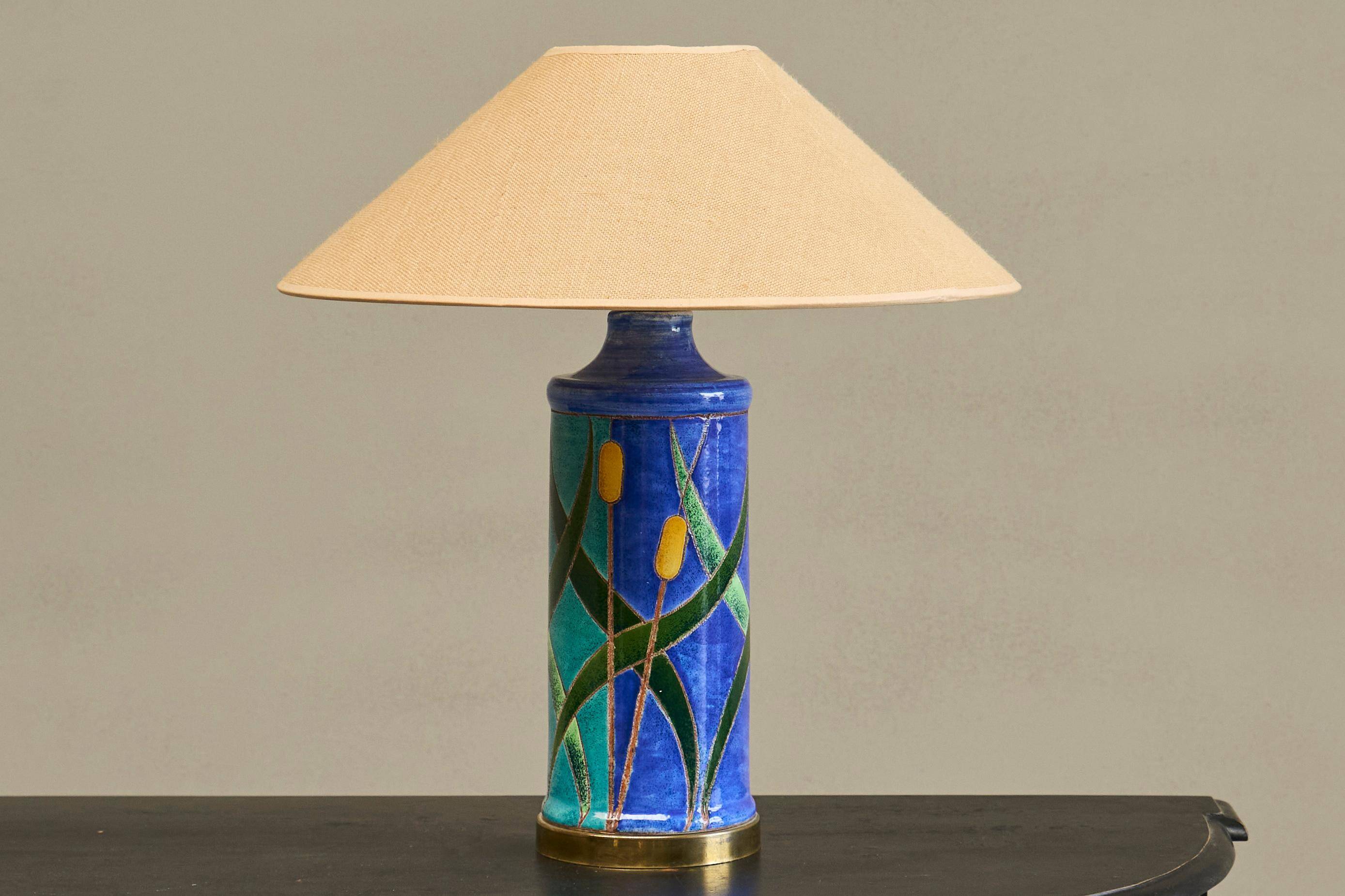 'Reed' table lamp in pottery and brass, mid-century style, 1960.