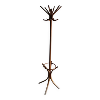 Freestanding coat rack by Thonet in brown wood, bentwood style, Hungary 1930s H185cm