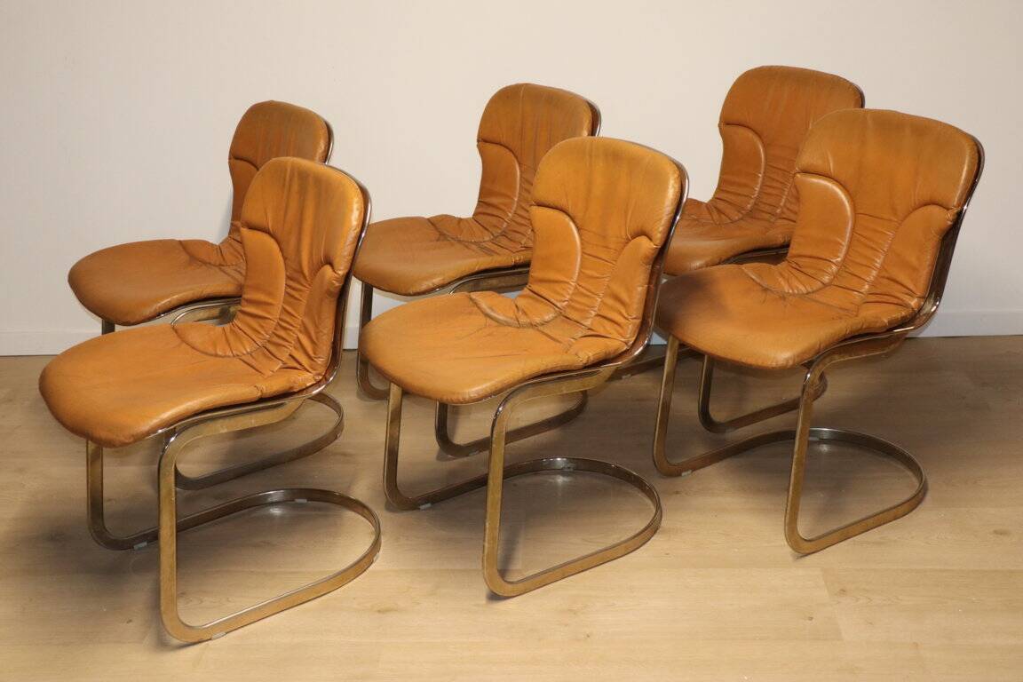 Series of 6 vintage Cidue Italy chairs in leather and metal, 1970s