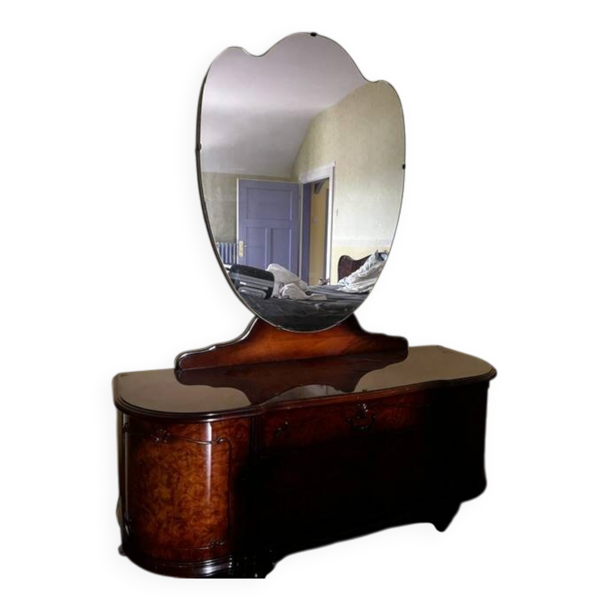 Coiffeuse art deco avec miroir biseauté de forme ovale