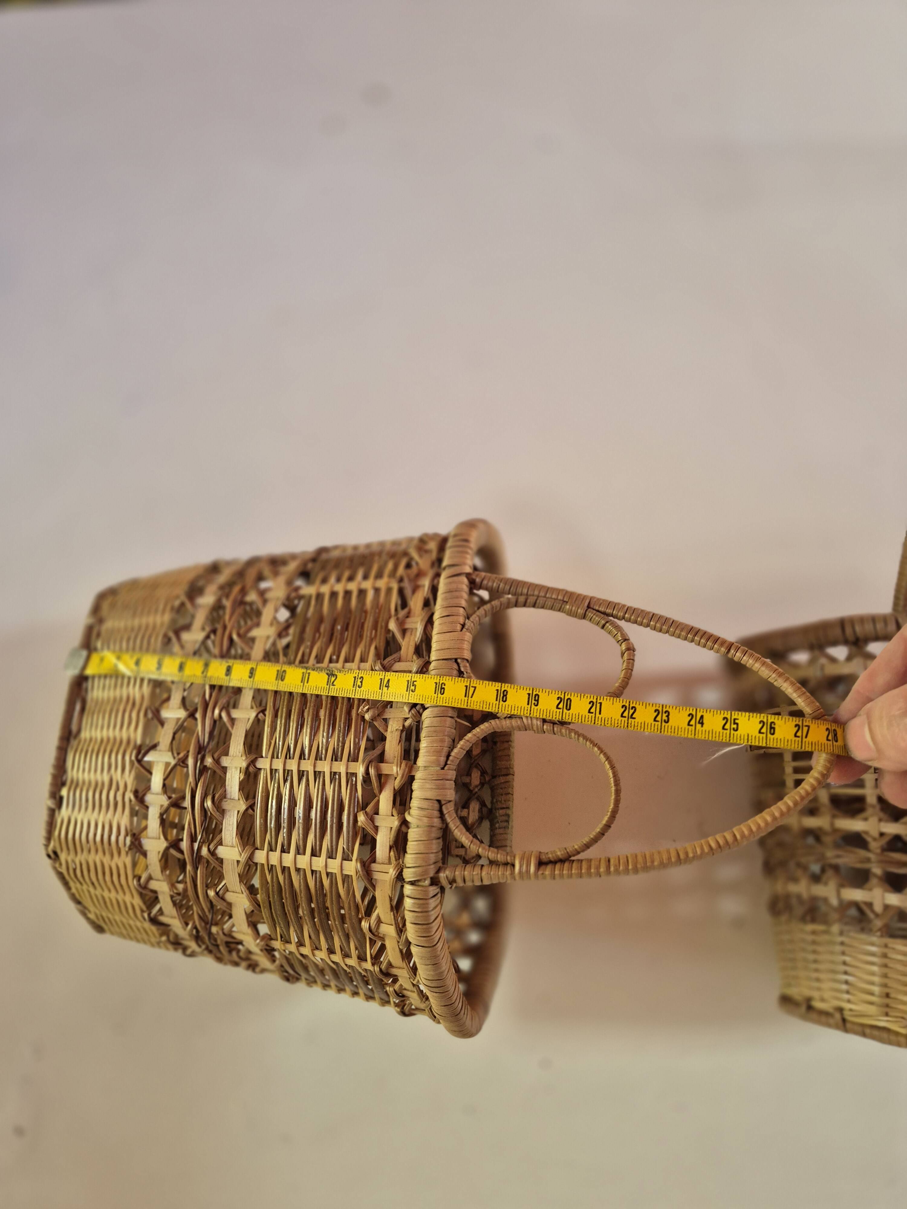 set of 2 vintage hanging rattan baskets