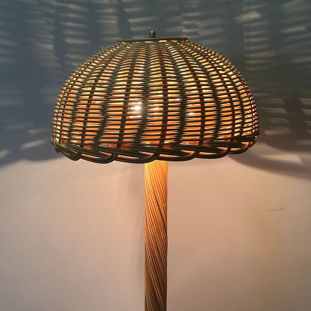 Large French rattan floor lamp, mushroom shade, vintage wicker standing lamp