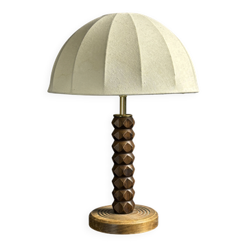 Lampe de table champignon en bois tourné brutaliste du milieu du siècle, style Charles Dudouyt