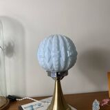 Vintage Art Deco modernist lamp with blue opaline glass and brass.