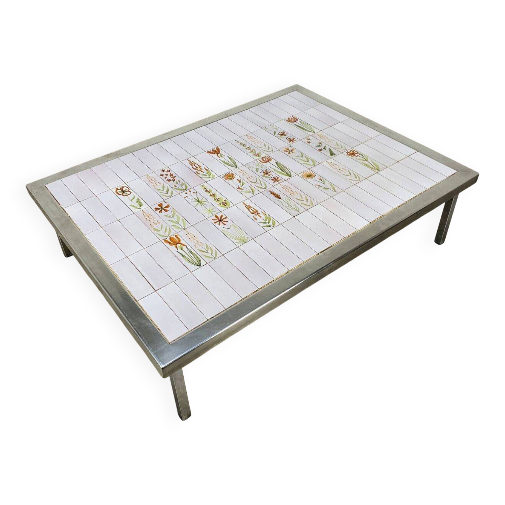 Square ceramic tile coffee table by Roger Capron, flowers, 1950s.