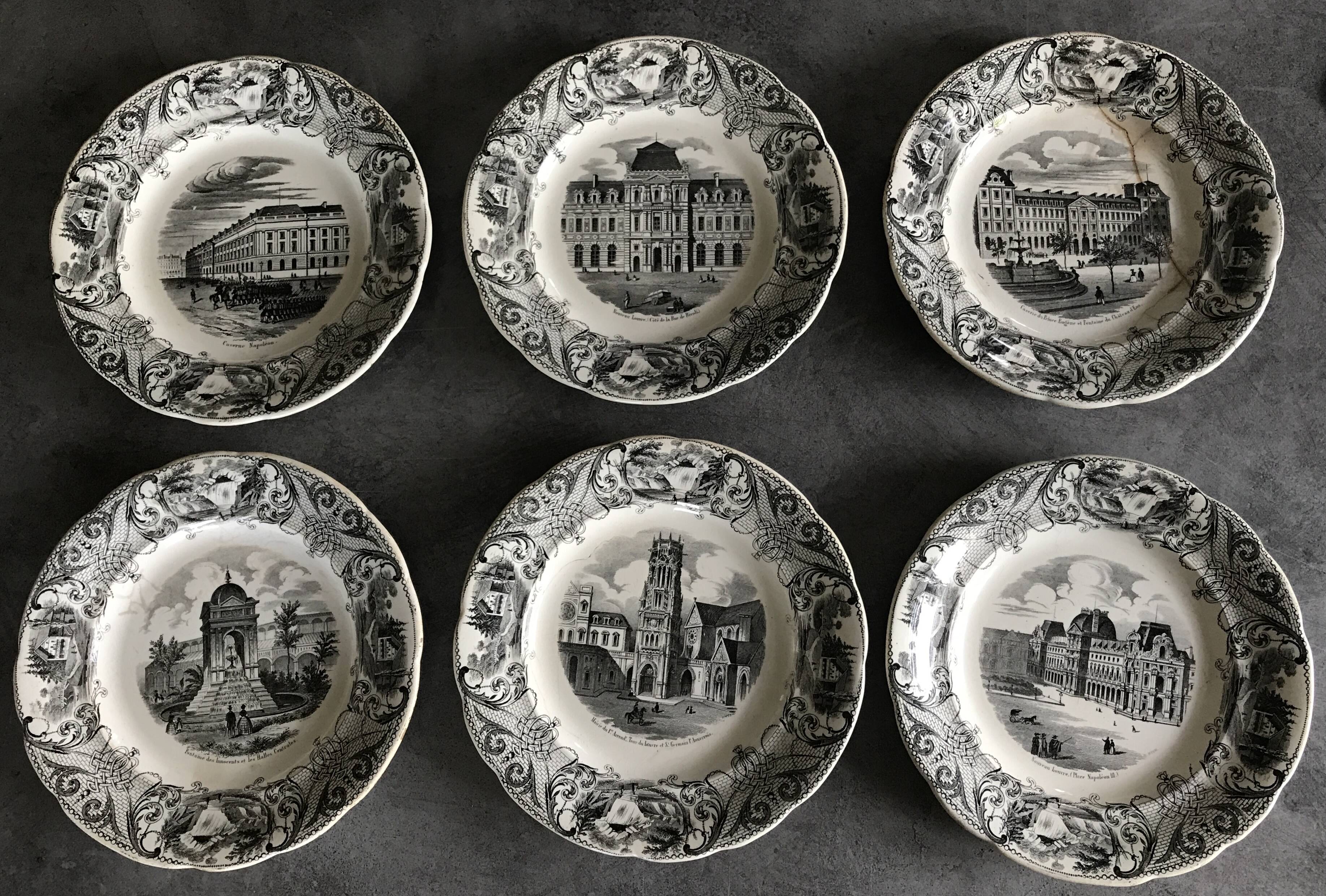 Set of 6 antique choisy-le-roi earthenware plates with grisaille decoration