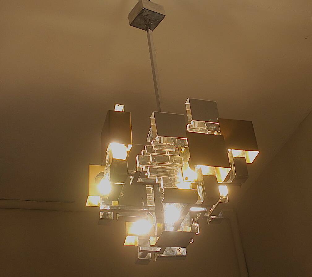 Sciolari Italian modern cubist chandelier, 1960s