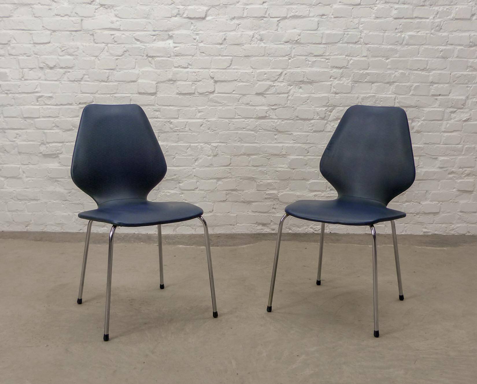 Set of Four Vintage Kitchen Chairs, Night Blue Leatherette with Chrome. 60s