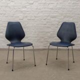 Set of Four Vintage Kitchen Chairs, Night Blue Leatherette with Chrome. 60s