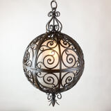 Suspension ronde en fer forgé avec sphère intérieure en verre, c.1930