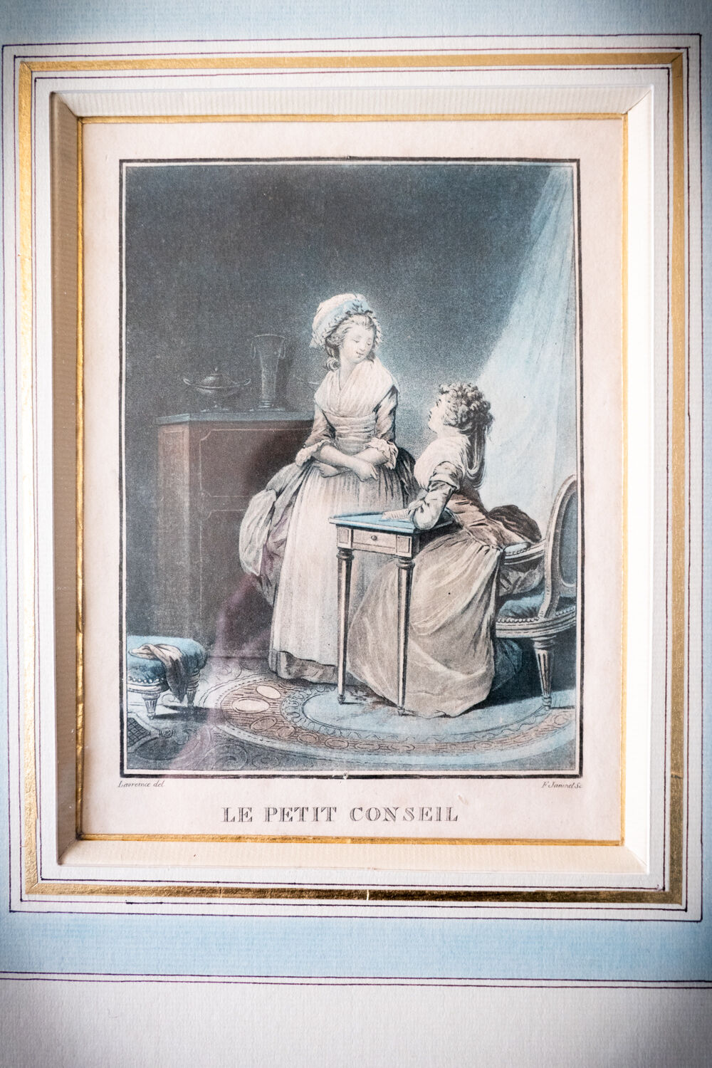 Gravure encadrée "Le petit conseil" par Janinet