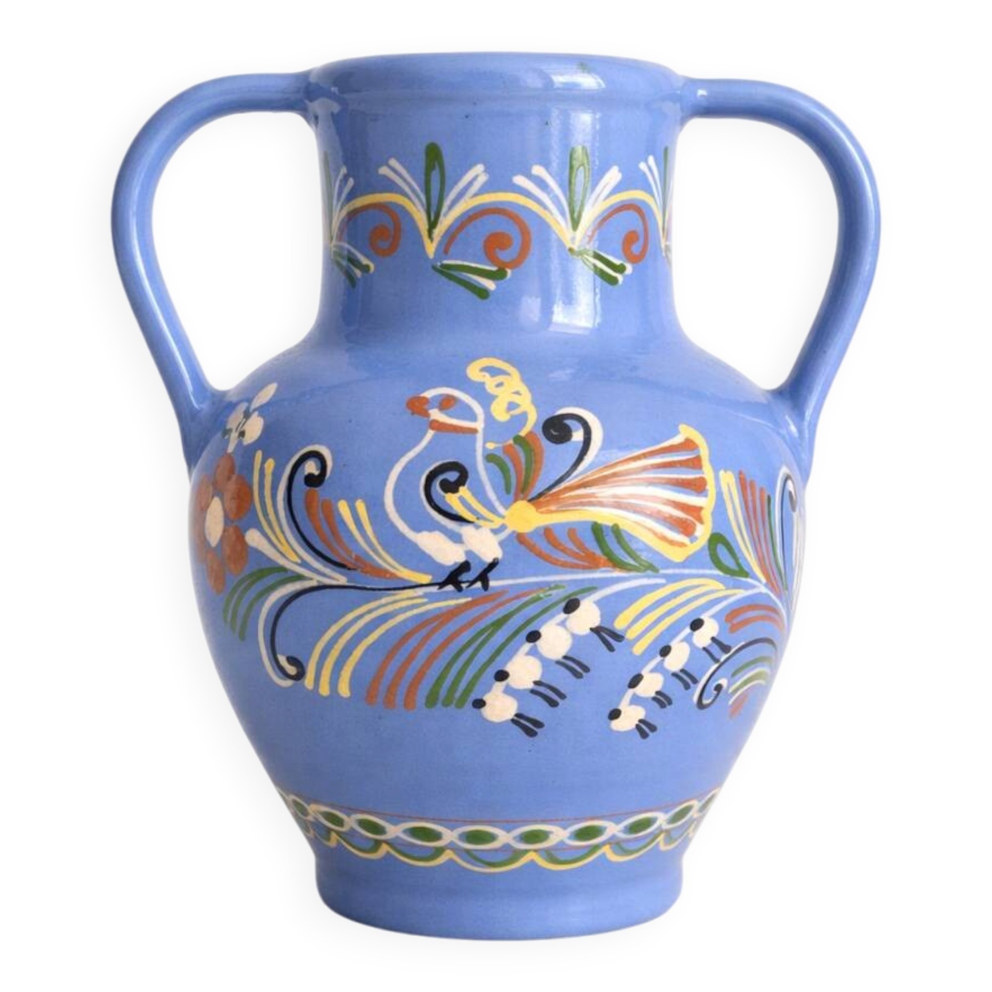 Glazed blue ceramic vase with folk decoration