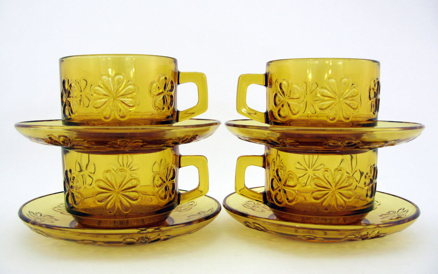 4 large amber yellow glass cups, floral décor, Daisy Vereco France, vintage 70s