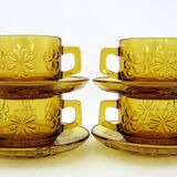 4 large amber yellow glass cups, floral décor, Daisy Vereco France, vintage 70s