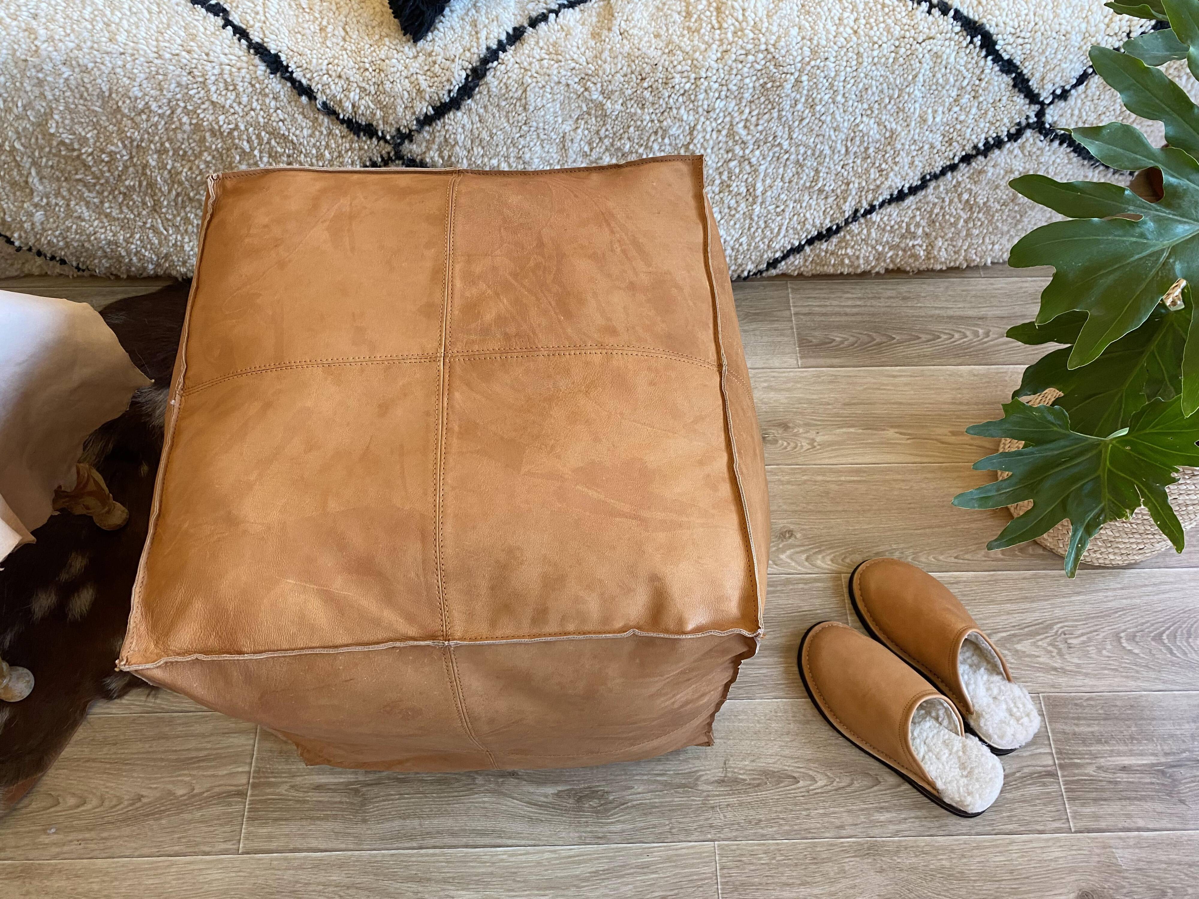 Vegan Leather Ottoman Pouf, Handmade, Cognac, Unstuffed, Moroccan Leather, Marrakech Souk