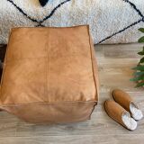 Vegan Leather Ottoman Pouf, Handmade, Cognac, Unstuffed, Moroccan Leather, Marrakech Souk