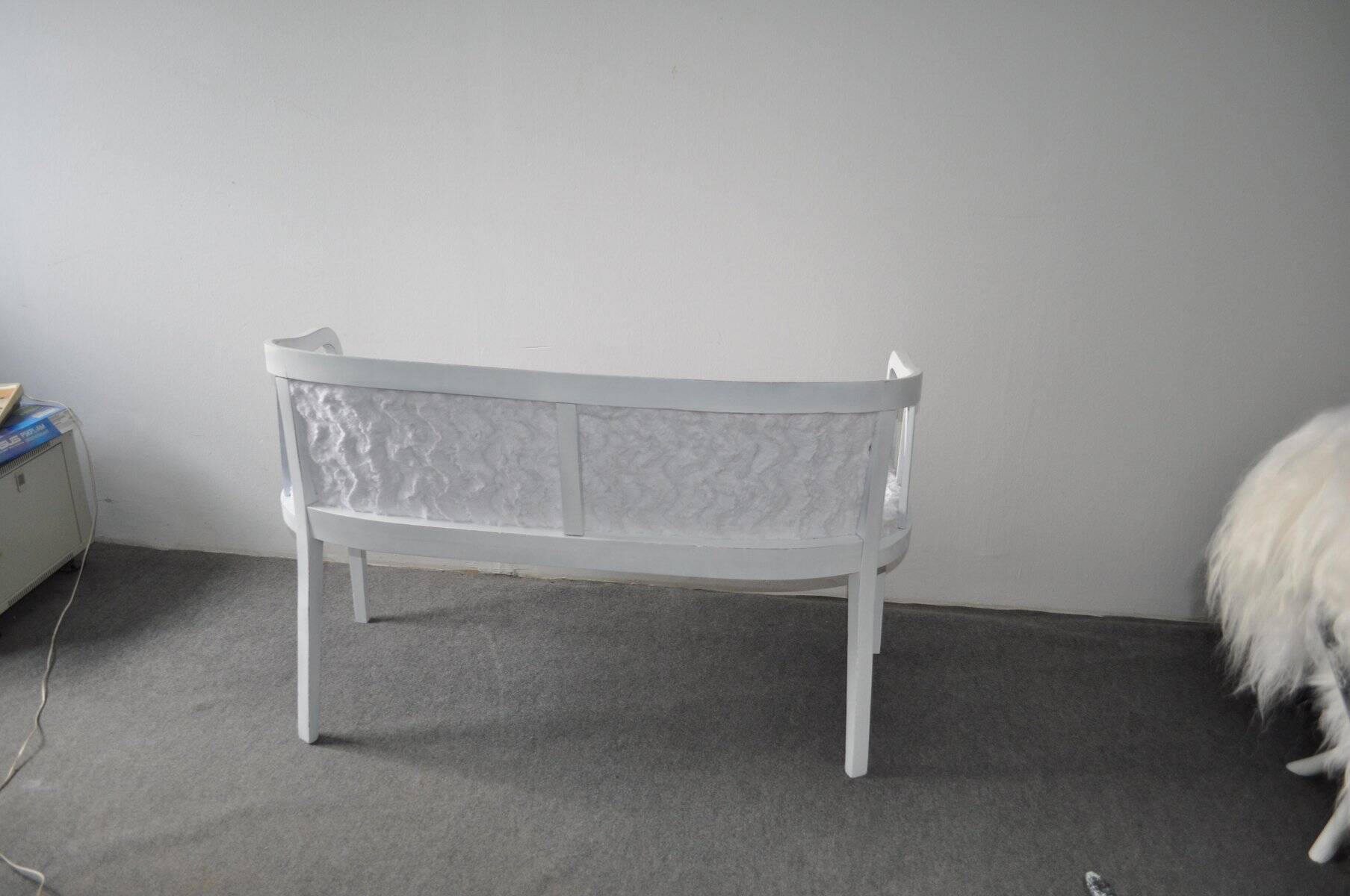 Art Nouveau bench in painted white wood and faux fur fabric, 1940s, 2-seater.