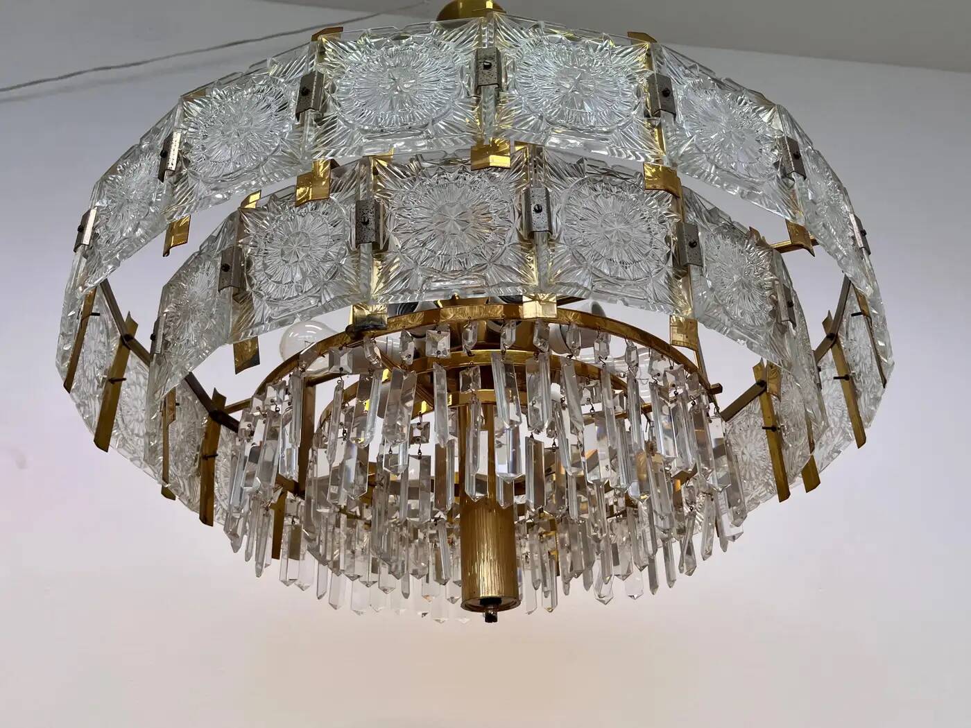 Pair of two XXL large brass and glass chandeliers by Kamenicky Senov/Preciosa, 1970s