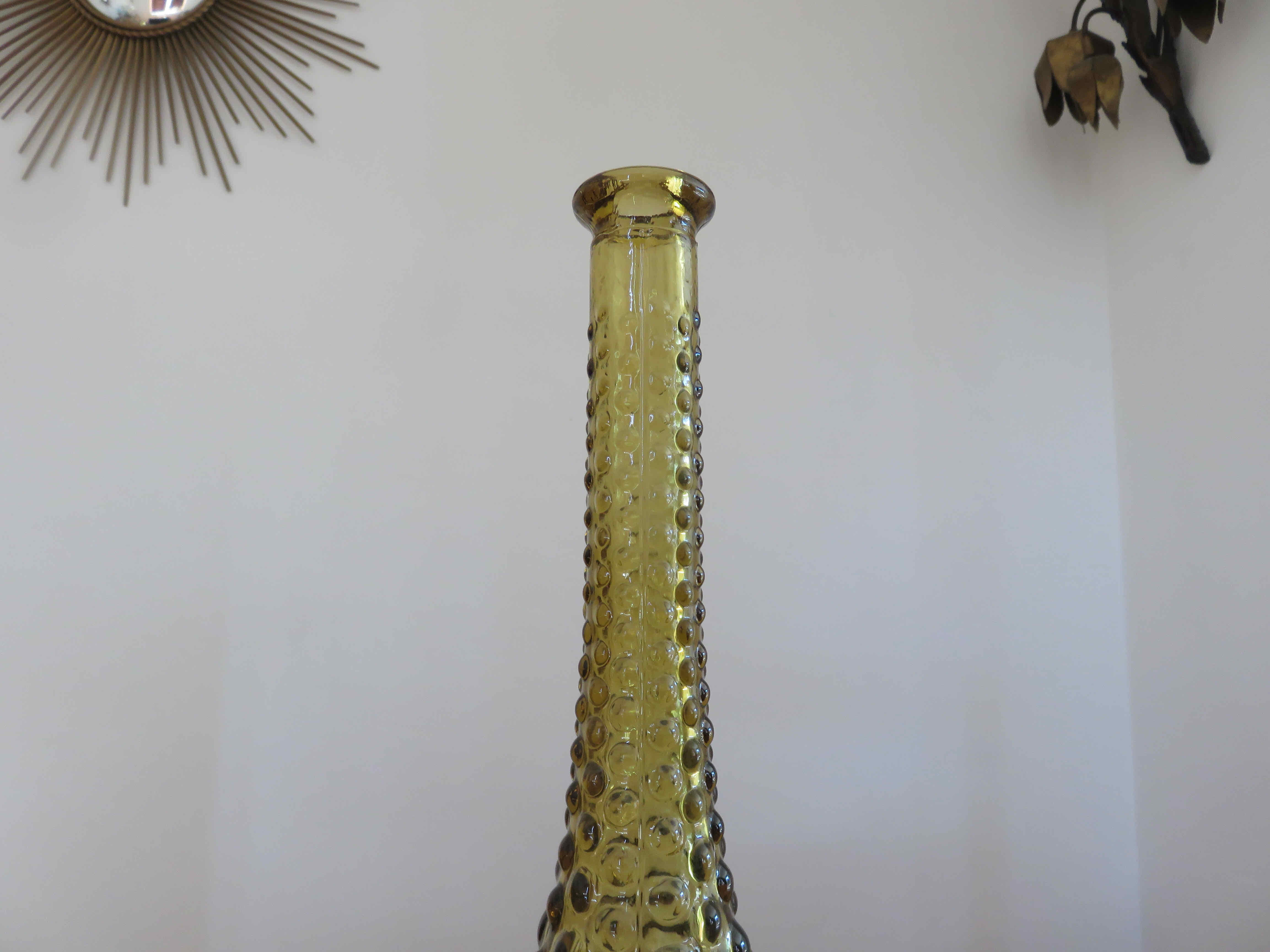 Bottle, carafe, Empoli, Italy, yellow bubbled glass, 60s 70s