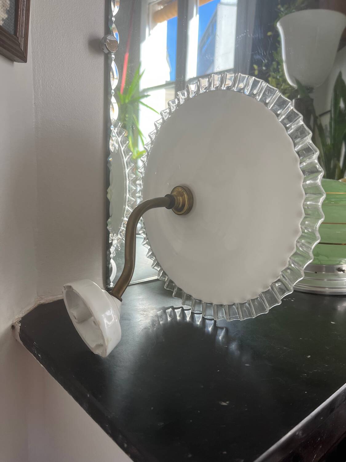 Antique white opaline wall light with a swan neck.