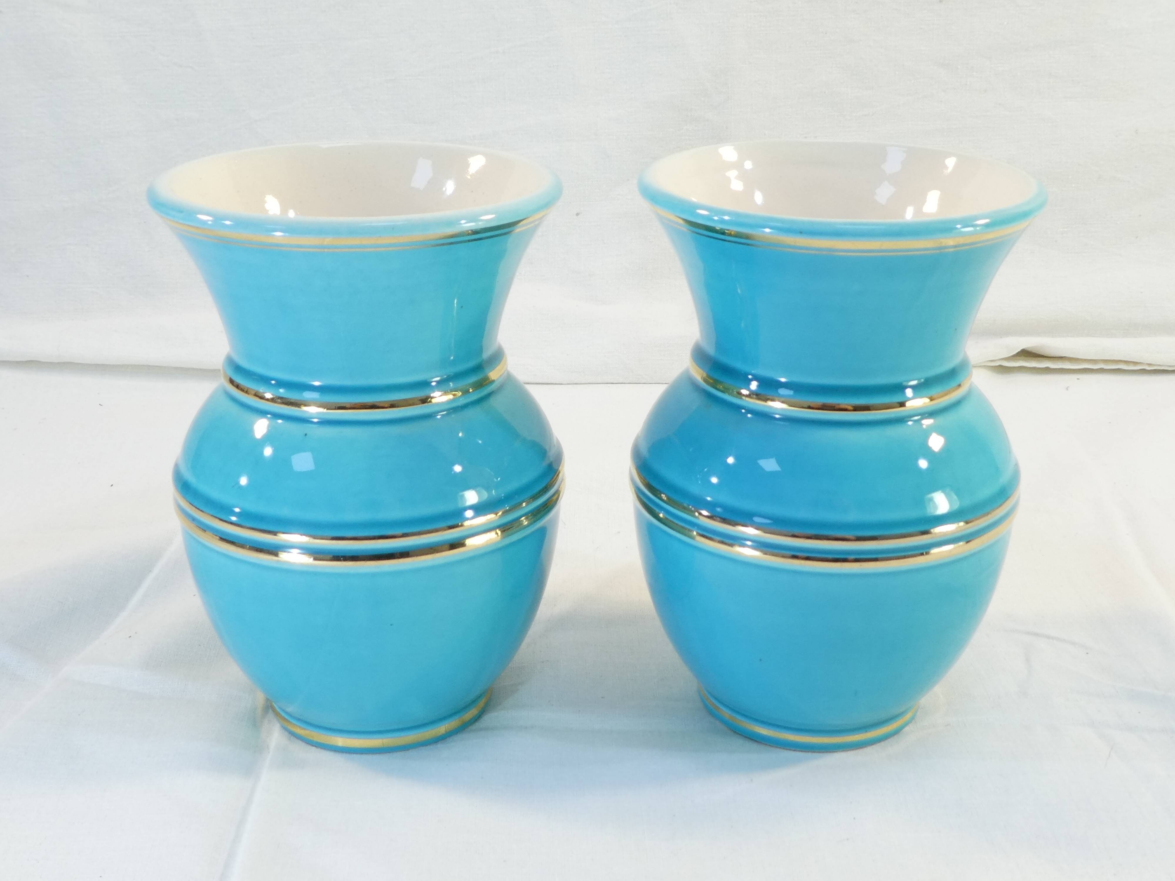 Pair of TURQUOISE BLUE AND GOLD VERCERAM vase