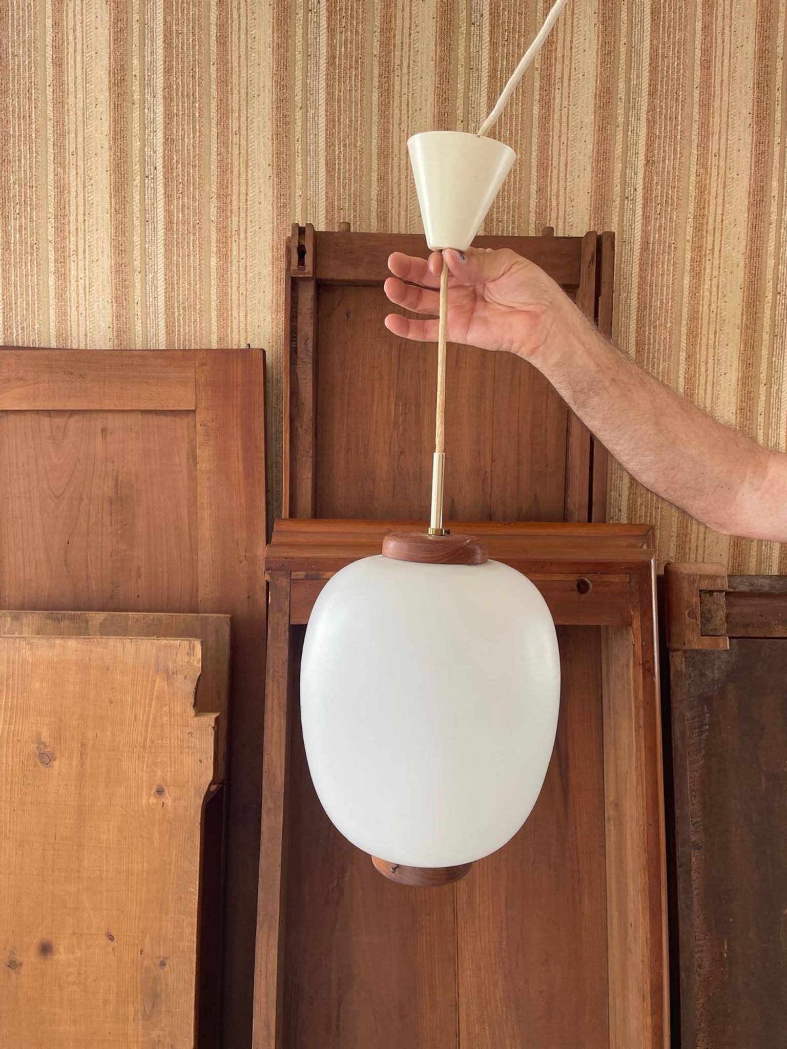 Suspension design Bent Karlby, Lyfa edition 1960s. Opaline glass, teak.