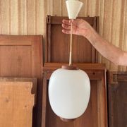 Suspension design Bent Karlby, Lyfa edition 1960s. Opaline glass, teak.