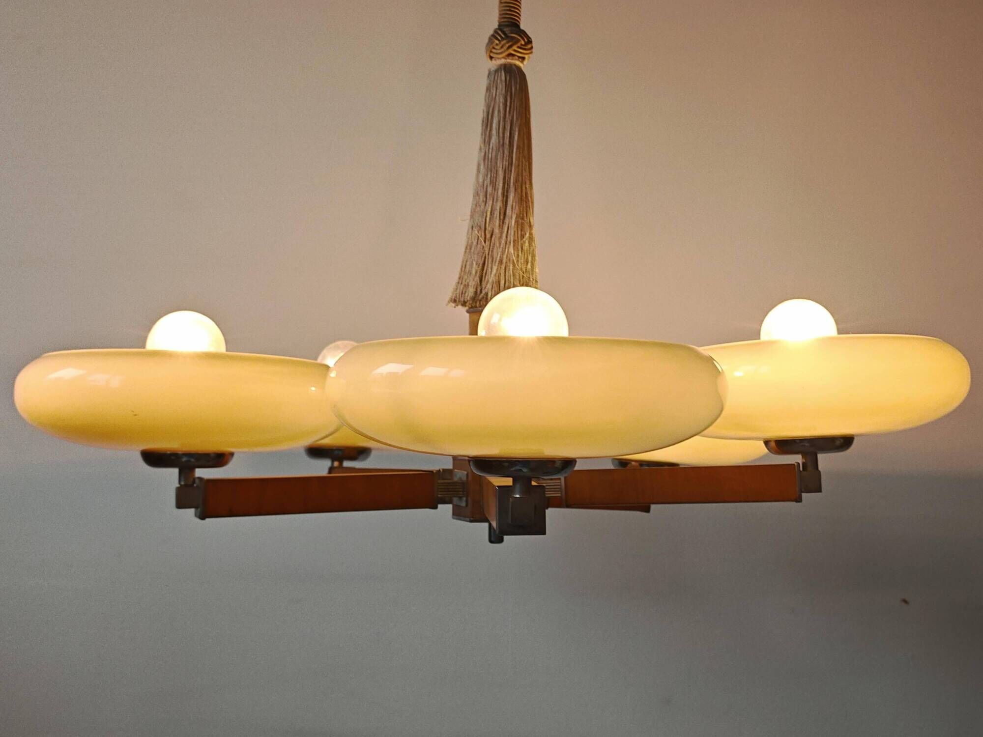 Art Deco Chandelier with 5 Arms and Round Shades from the 1930s