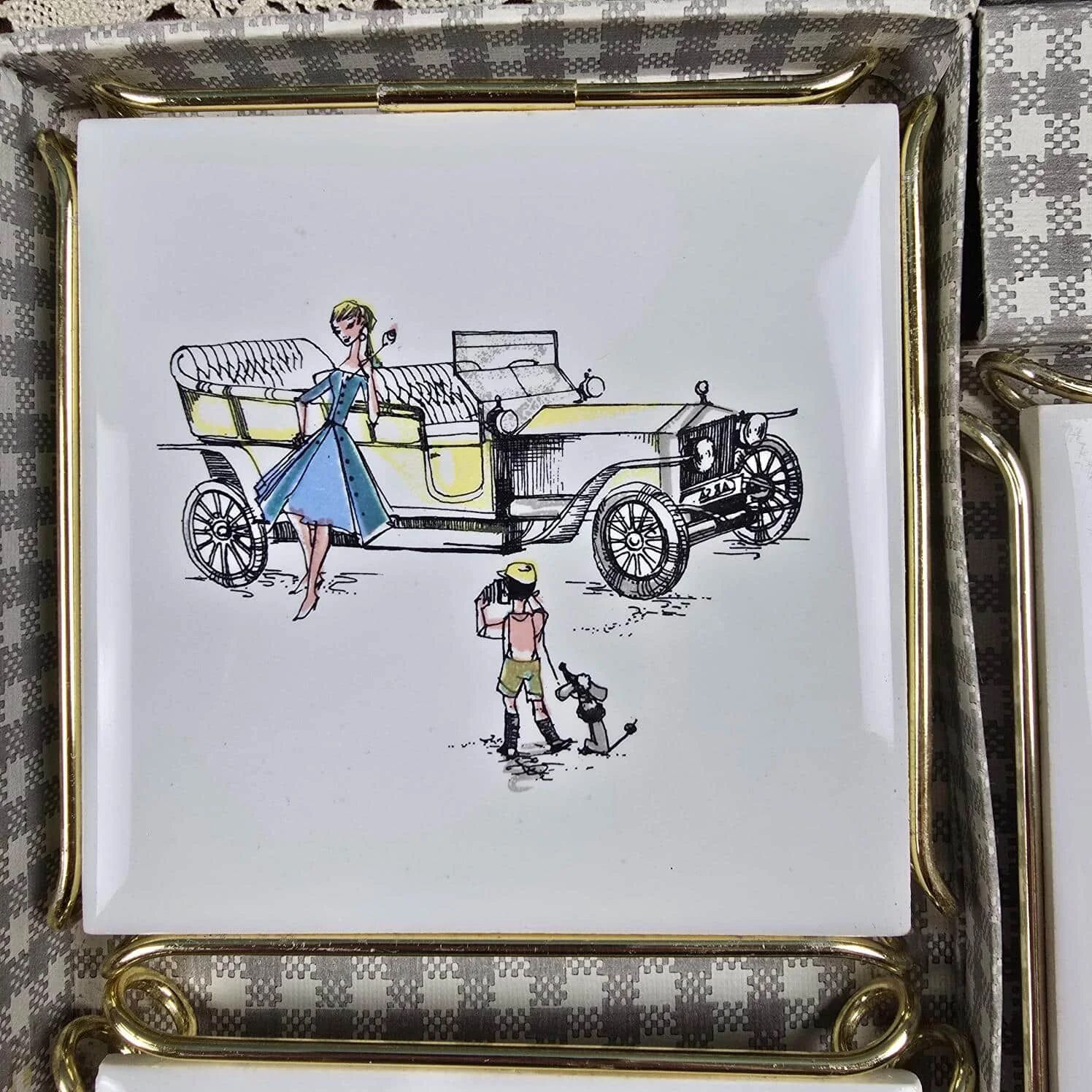 Set of 3 vintage Gien trivets – Retro car, child & couple design