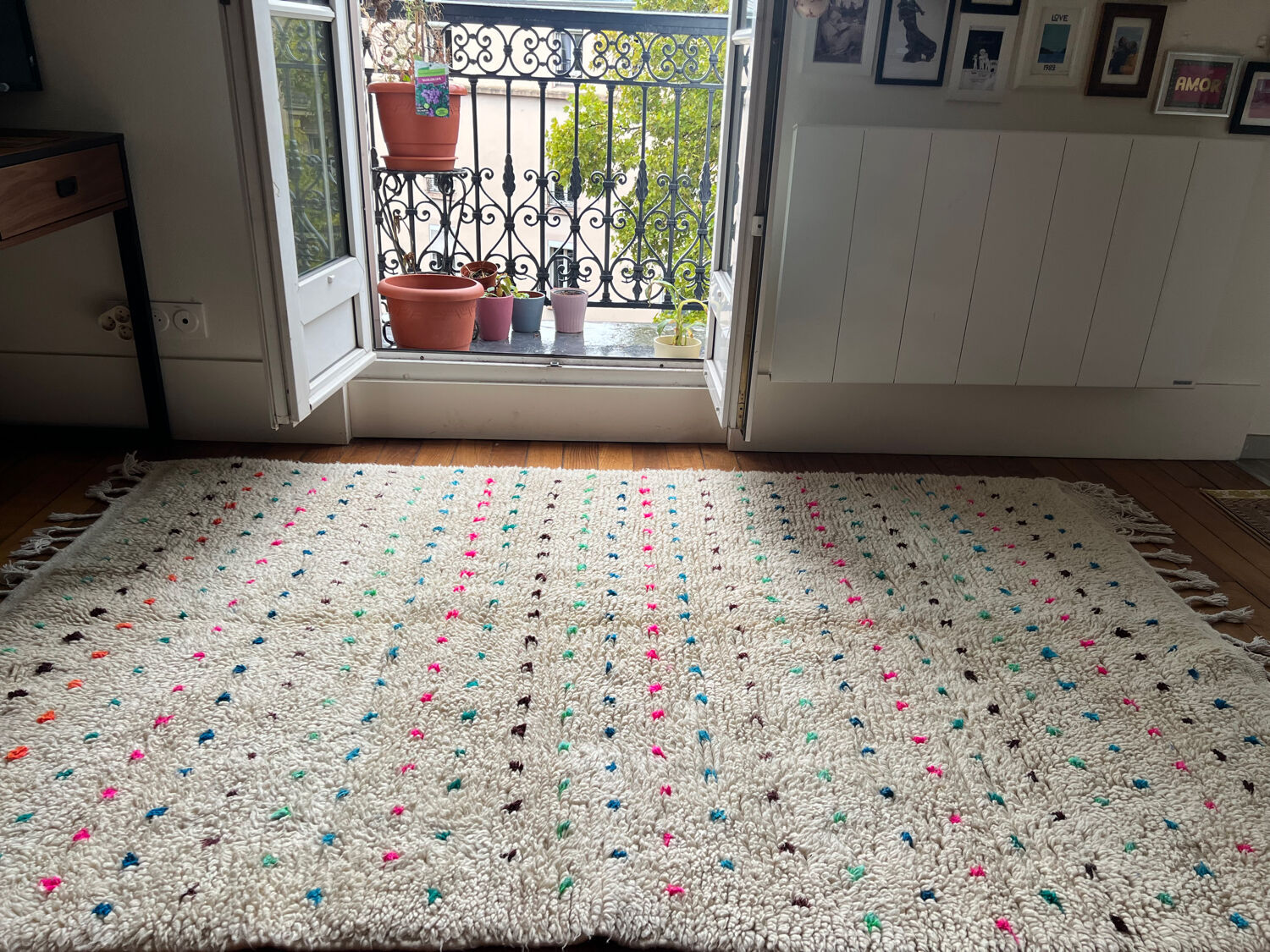 Berber Beni Ouarain handmade rug with small colorful polka dots