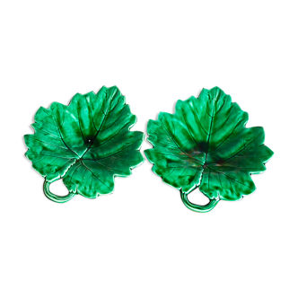 Duo of old Barbotine leaf plates from Sarreguemines France