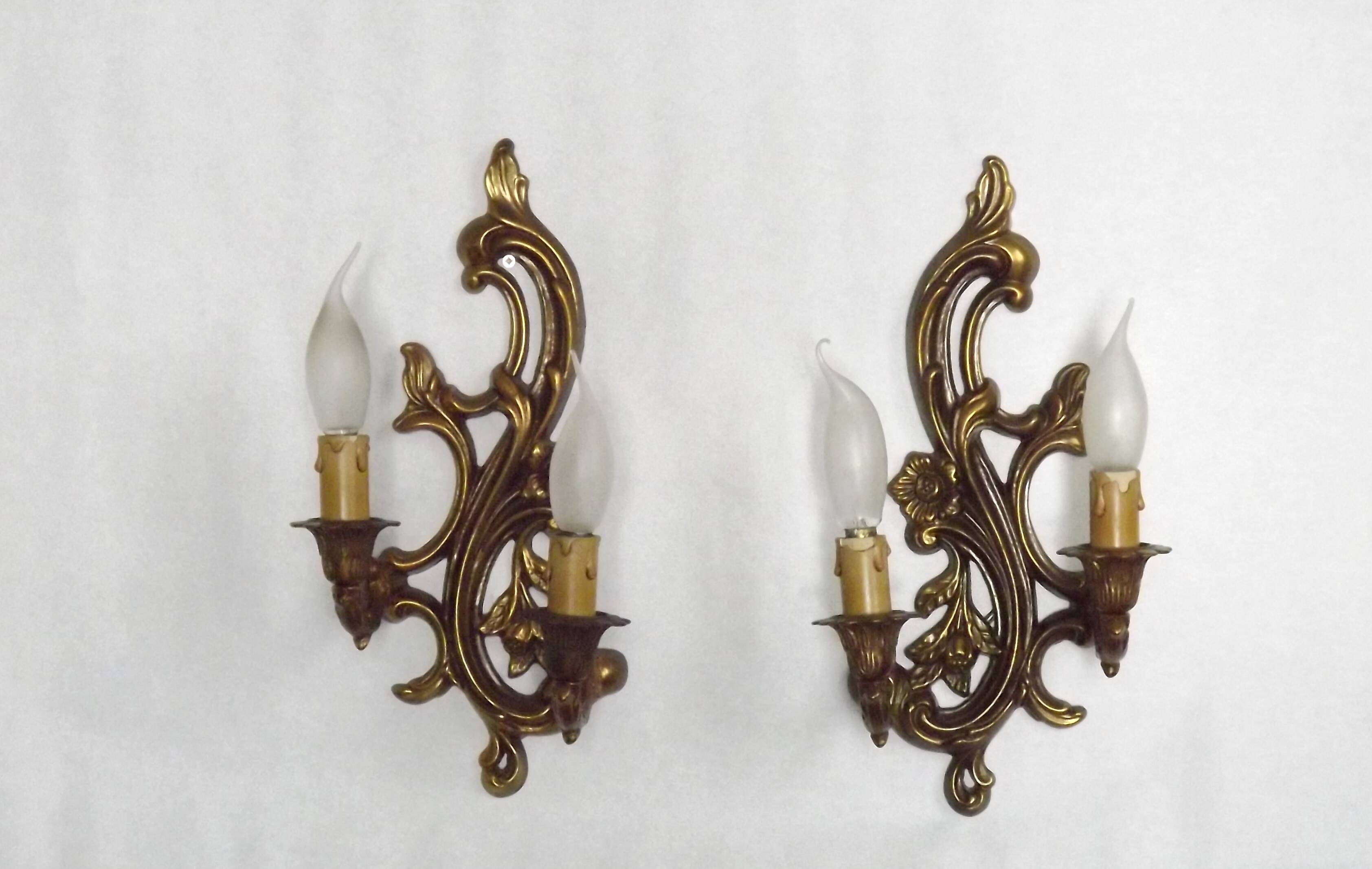 Pair Vintage French Bronze Double Wall Lights Acanthus Leaf & Flower Detail