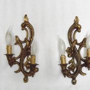 Pair Vintage French Bronze Double Wall Lights Acanthus Leaf & Flower Detail