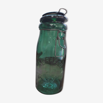Old jar La Lorraine and The ideal in thick glass light green and dark green